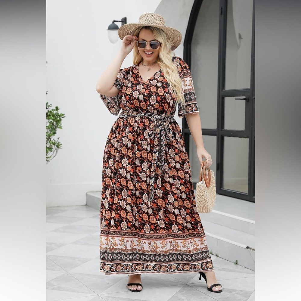 NWT Boho Floral Positioning Print Casual Flared Maxi Dress with Pocket  size 16
